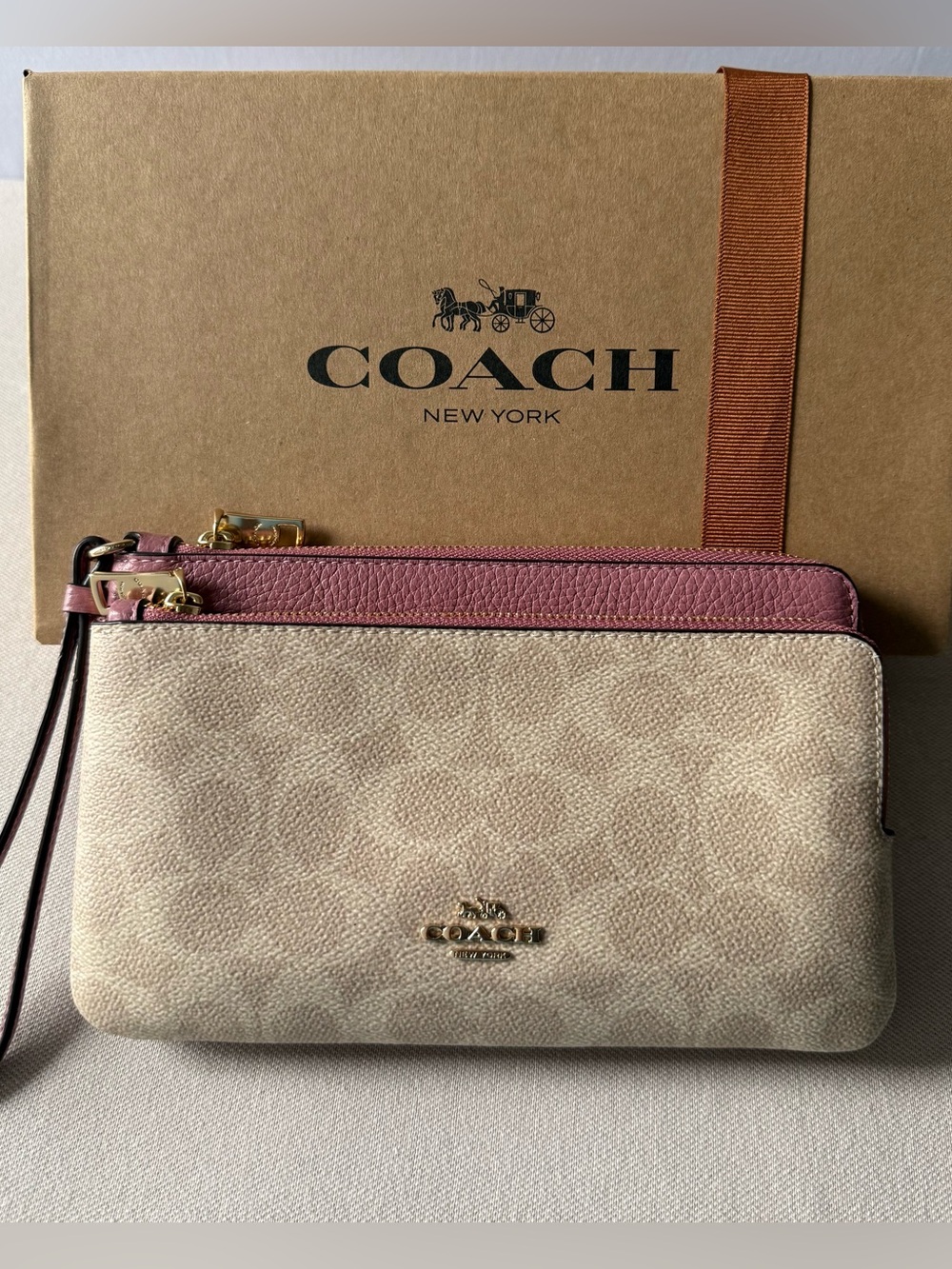 NWT Coach CX161 Double Zip Wallet Wristlet Gift Set Sand Peony Pink